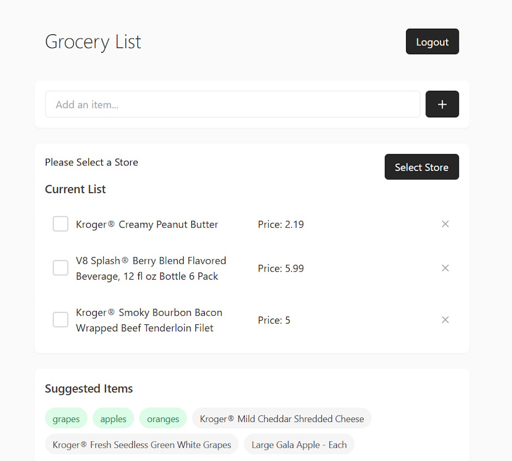 Screen shot of a Smart Grocery List app